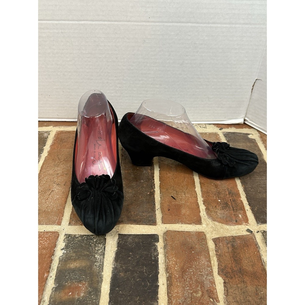 Pas de Rouge Black Italian Pumps Suede Toe Bow  Sparkle Fabric Heels Women's 9